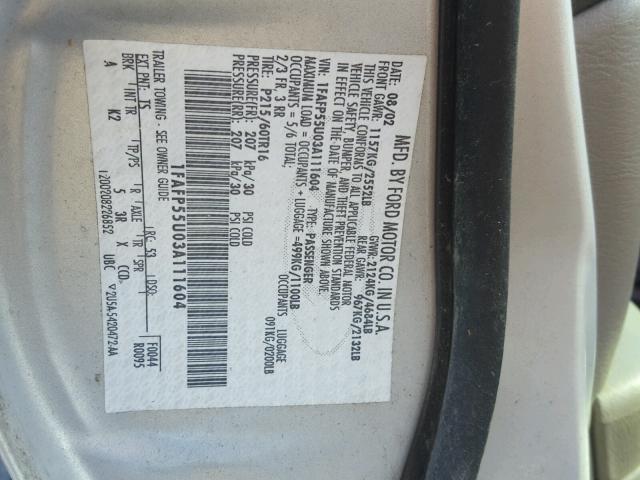 1FAFP55U03A111604 - 2003 FORD TAURUS SES GRAY photo 10