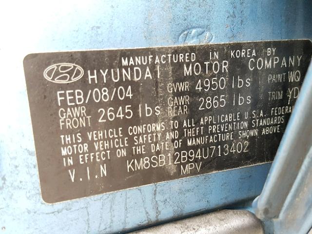 KM8SB12B94U713402 - 2004 HYUNDAI SANTA FE G BLUE photo 10