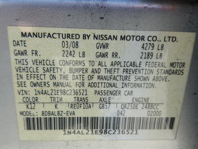 1N4AL21E98C236521 - 2008 NISSAN ALTIMA 2.5 SILVER photo 10