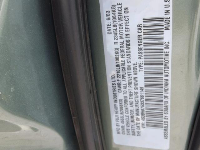 4S3BH675337661149 - 2003 SUBARU LEGACY OUT GREEN photo 10