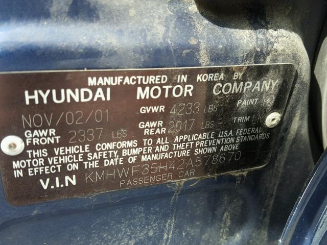 KMHWF35H42A578670 - 2002 HYUNDAI SONATA GLS BLUE photo 10