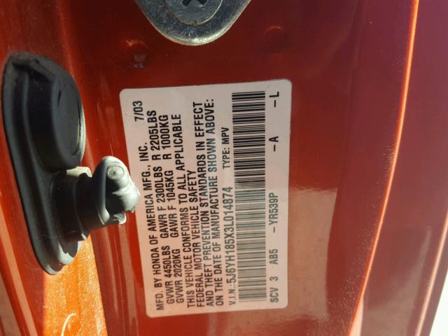 5J6YH185X3L014874 - 2003 HONDA ELEMENT EX ORANGE photo 10