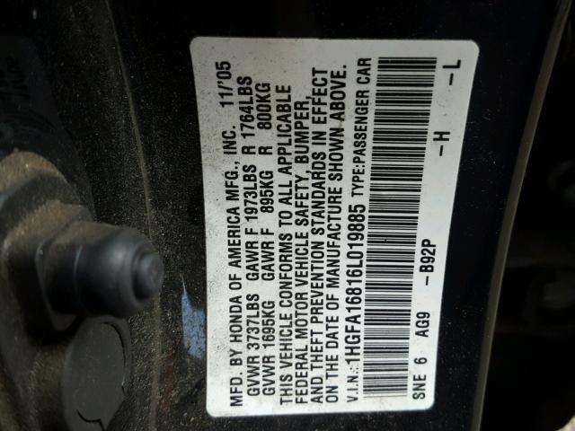 1HGFA16816L019885 - 2006 HONDA CIVIC EX შავი ფოტო 10