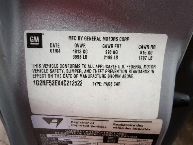 1G2NF52EX4C212522 - 2004 PONTIAC GRAND AM S Gümüş foto 10