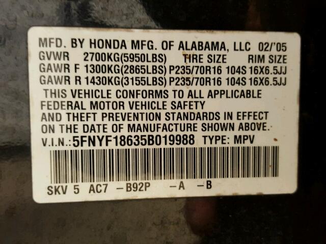 5FNYF18635B019988 - 2005 HONDA PILOT EXL BLACK photo 10