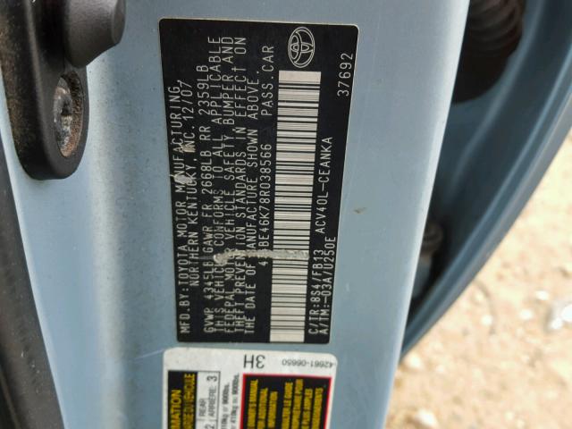 4T4BE46K78R038566 - 2008 TOYOTA CAMRY CE BLUE photo 10