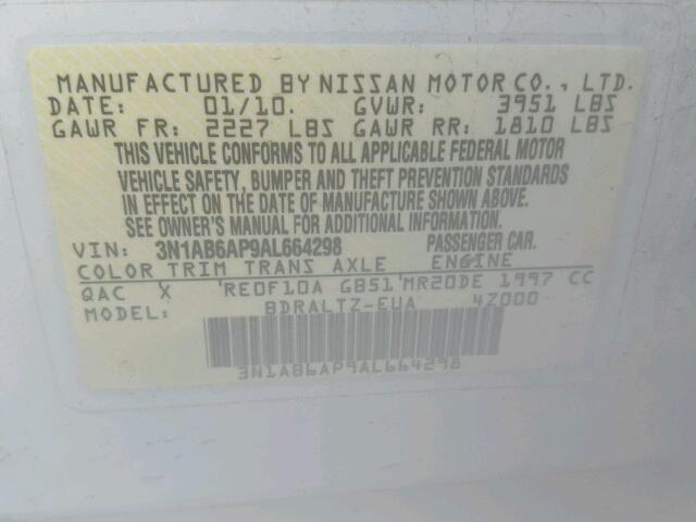 3N1AB6AP9AL664298 - 2010 NISSAN SENTRA 2.0 WHITE photo 10