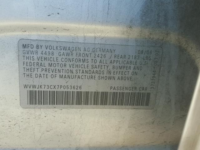 WVWJK73CX7P053626 - 2007 VOLKSWAGEN PASSAT SILVER photo 10