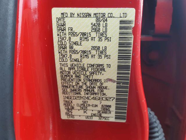 1N6ED29Y24C468327 - 2004 NISSAN FRONTIER C RED photo 10