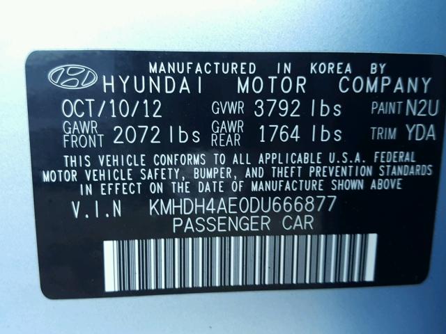 KMHDH4AE0DU666877 - 2013 HYUNDAI ELANTRA GL BLUE photo 10