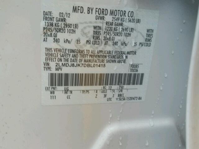 2LMDJ8JK7DBL01415 - 2013 LINCOLN MKX AWD Ağ foto 10