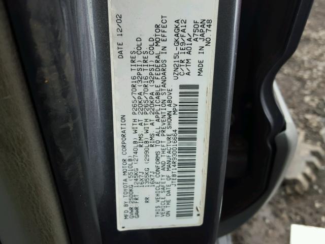 JTEBT14R930016664 - 2003 TOYOTA 4RUNNER SR GRAY photo 10