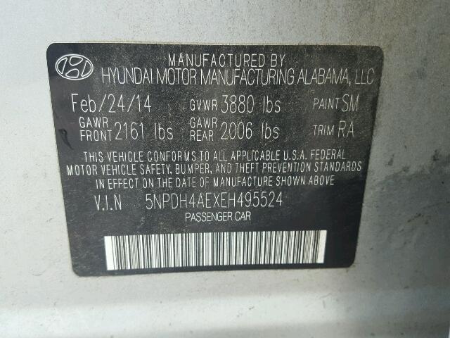 5NPDH4AEXEH495524 - 2014 HYUNDAI ELANTRA SE SILVER photo 10