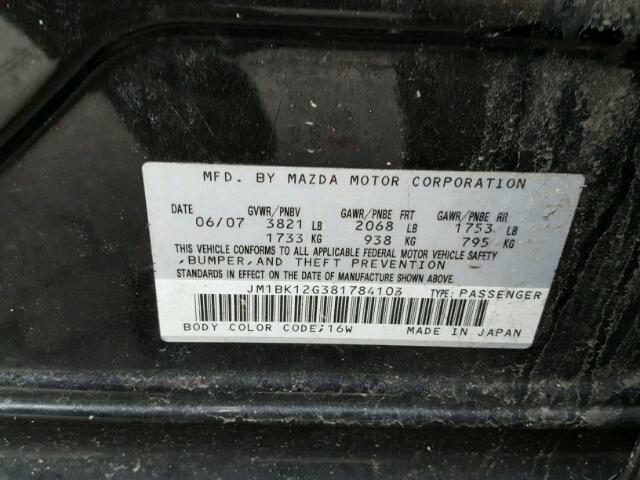 JM1BK12G381784103 - 2008 MAZDA 3 I BLACK photo 10