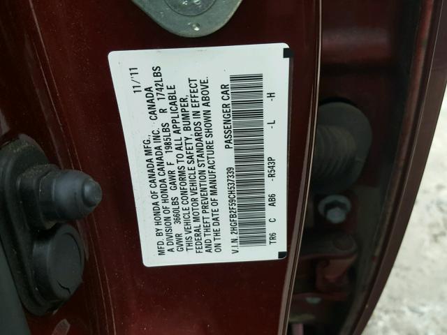 2HGFB2F59CH537339 - 2012 HONDA CIVIC LX MAROON photo 10