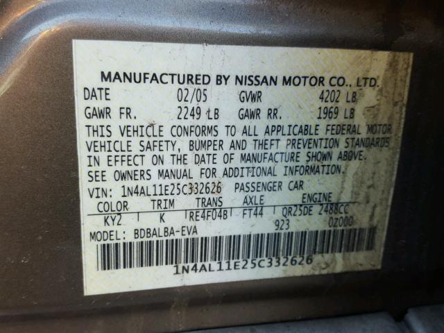 1N4AL11E25C332626 - 2005 NISSAN ALTIMA S TAN photo 10