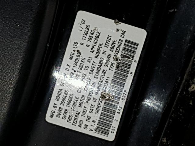 SHHEP33593U403411 - 2003 HONDA CIVIC SI BLACK photo 10