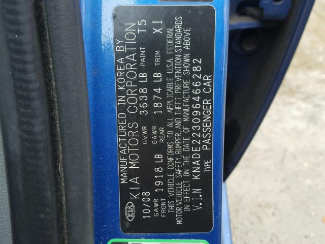 KNADE223096466282 - 2009 KIA RIO BASE BLUE photo 10