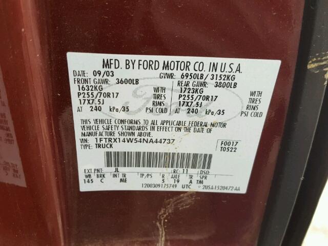 1FTRX14W54NA44737 - 2004 FORD F150 BURGUNDY photo 10