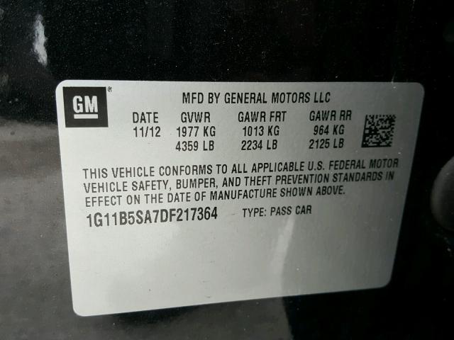 1G11B5SA7DF217364 - 2013 CHEVROLET MALIBU LS შავი ფოტო 10