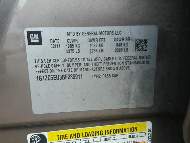 1G1ZC5EU3BF289911 - 2011 CHEVROLET MALIBU 1LT 棕色 照片 10