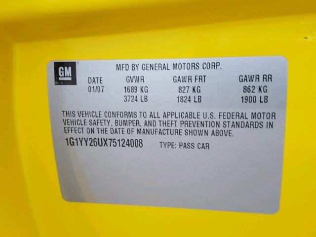 1G1YY26UX75124008 - 2007 CHEVROLET CORVETTE YELLOW photo 10