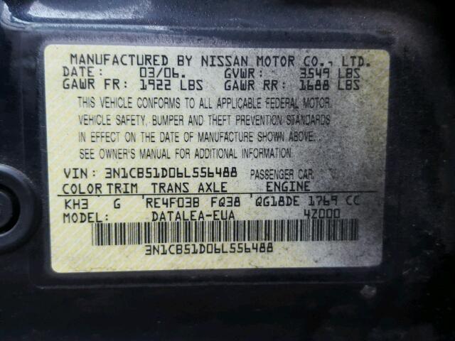 3N1CB51D06L556488 - 2006 NISSAN SENTRA 1.8 BLACK photo 10