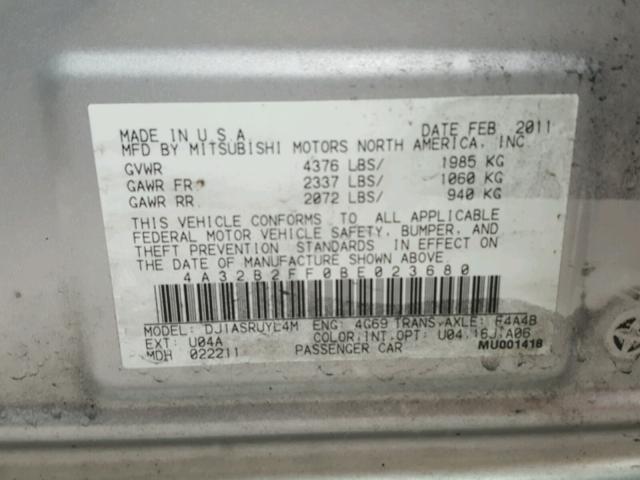 4A32B2FF0BE023680 - 2011 MITSUBISHI GALANT FE SILVER photo 10