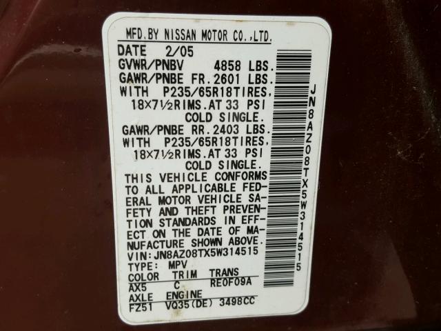 JN8AZ08TX5W314515 - 2005 NISSAN MURANO SL MAROON photo 10