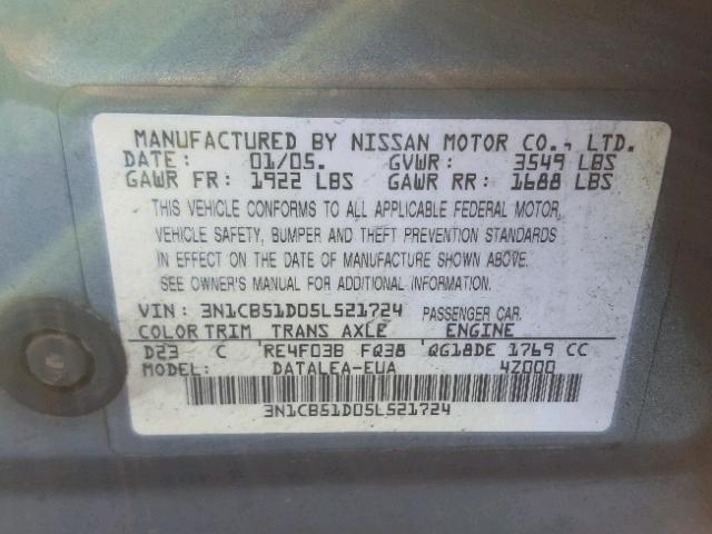 3N1CB51D05L521724 - 2005 NISSAN SENTRA 1.8 GREEN photo 10