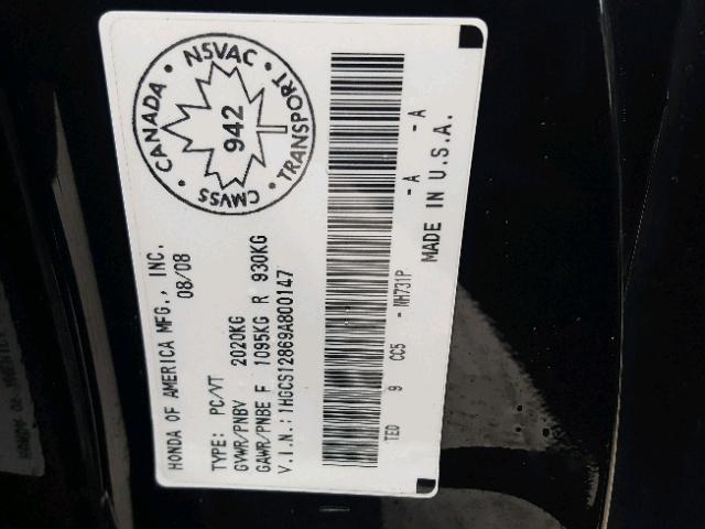 1HGCS12869A800147 - 2009 HONDA ACCORD EXL BLACK photo 10