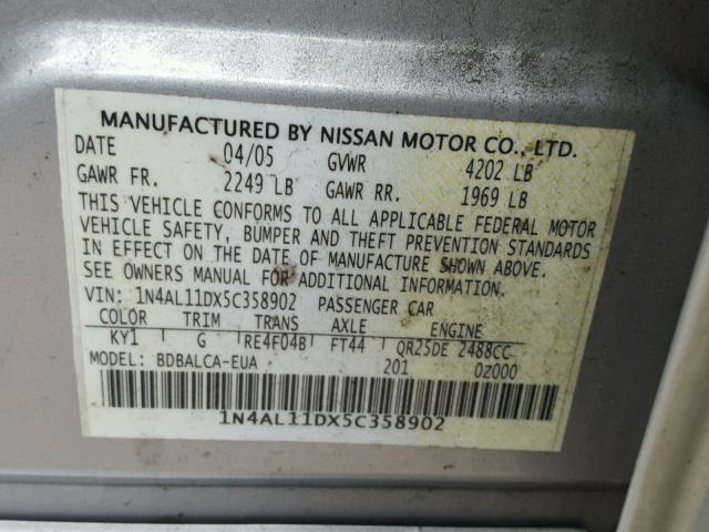 1N4AL11DX5C358902 - 2005 NISSAN ALTIMA S SILVER photo 10