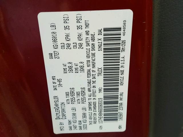 1D7HE48N66S569319 - 2006 DODGE DAKOTA QUA RED photo 10