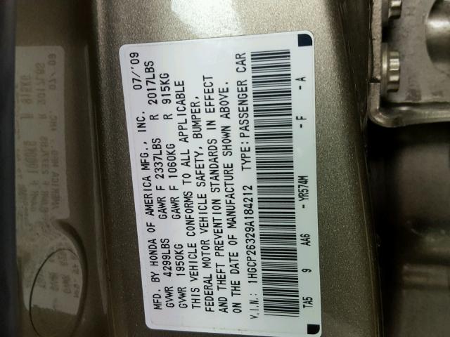 1HGCP26329A184212 - 2009 HONDA ACCORD LX GOLD photo 10