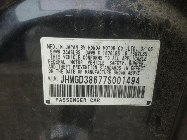 JHMGD38677S001494 - 2007 HONDA FIT S BLACK photo 10