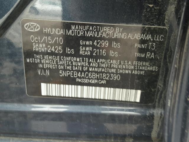 5NPEB4AC6BH182390 - 2011 HYUNDAI SONATA GLS BLUE photo 10