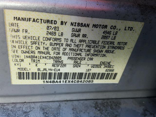 1N4BA41EX4C842085 - 2004 NISSAN MAXIMA SE SILVER photo 10