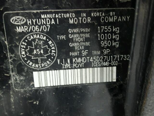 KMHDT45D27U171732 - 2007 HYUNDAI ELANTRA GL BLACK photo 10