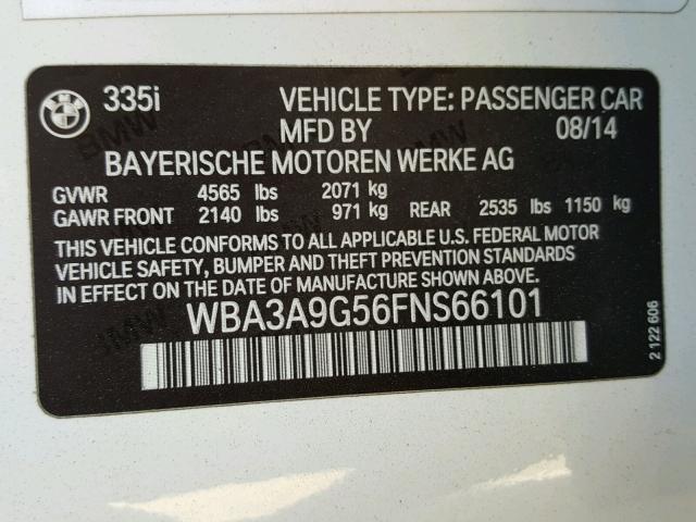 WBA3A9G56FNS66101 - 2015 BMW 335 I WHITE photo 10