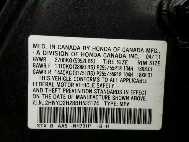 2HNYD2H28BH535174 - 2011 ACURA MDX BLACK photo 10