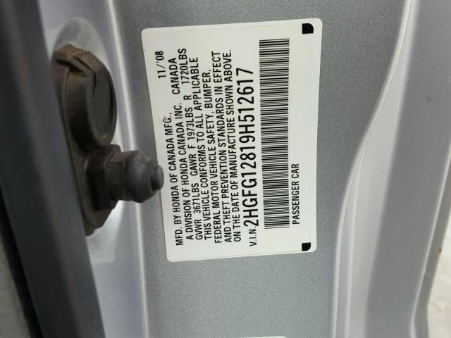 2HGFG12819H512617 - 2009 HONDA CIVIC EX SILVER photo 10