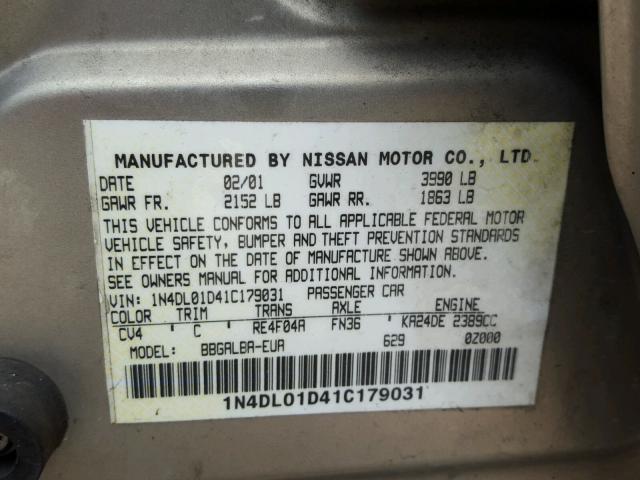 1N4DL01D41C179031 - 2001 NISSAN ALTIMA XE GOLD photo 10