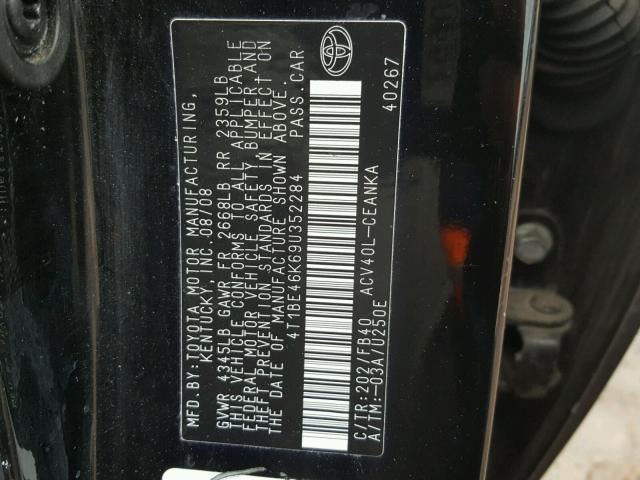 4T1BE46K69U352284 - 2009 TOYOTA CAMRY BASE BLACK photo 10