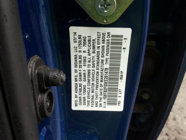 19XFB2F55EE261478 - 2014 HONDA CIVIC LX BLUE photo 10