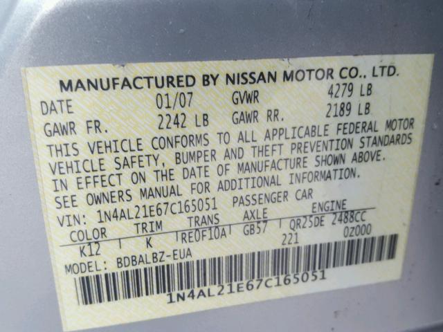 1N4AL21E67C165051 - 2007 NISSAN ALTIMA 2.5 SILVER photo 10