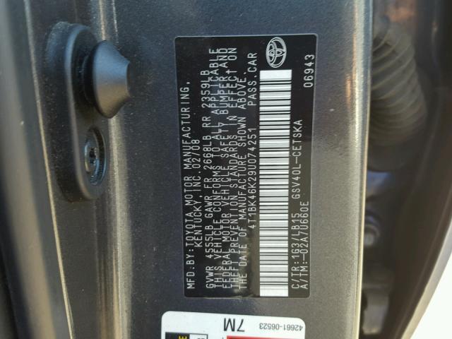 4T1BK46K29U074251 - 2009 TOYOTA CAMRY SE CHARCOAL photo 10