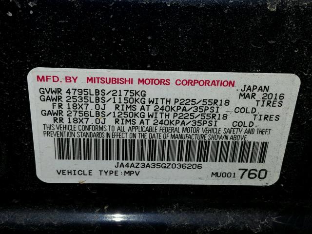 JA4AZ3A35GZ036206 - 2016 MITSUBISHI OUTLANDER BLUE photo 10