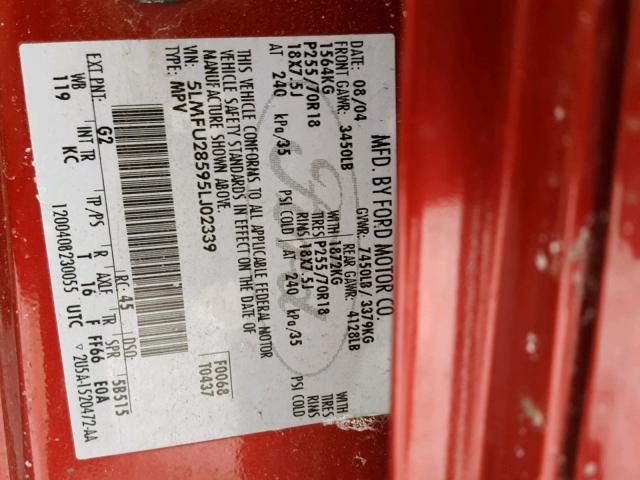 5LMFU28595LJ02339 - 2005 LINCOLN NAVIGATOR BURGUNDY photo 10