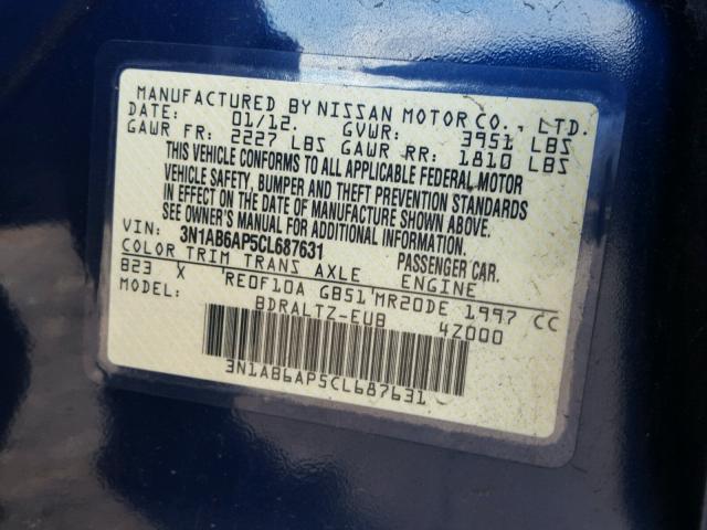 3N1AB6AP5CL687631 - 2012 NISSAN SENTRA 2.0 BLUE photo 10