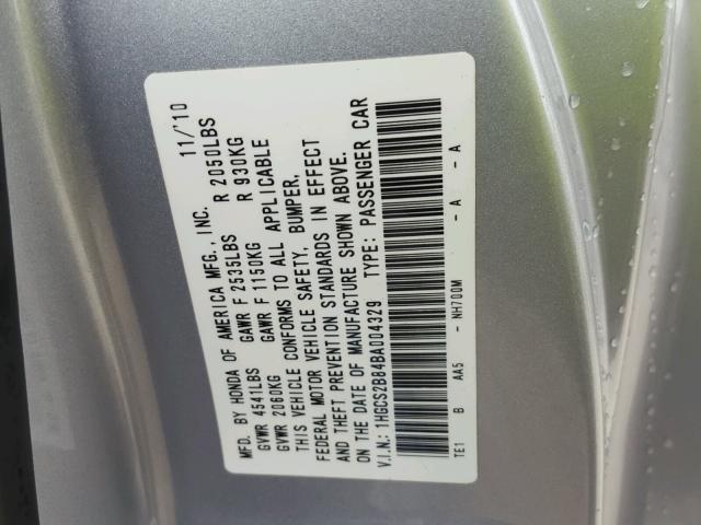 1HGCS2B84BA004329 - 2011 HONDA ACCORD EXL SILVER photo 10